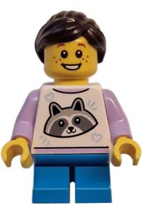 Carousel Rider Child Girl - Girl child with white top featuring a raccoon, dark azure short legs, dark brown hair in a ponytail, and freckles - twn498