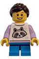 Child - Girl, White Top with Raccoon, Dark Azure Short Legs, Dark Brown Hair Ponytail, Freckles - twn498