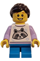 Girl child with white top featuring a raccoon, dark azure short legs, dark brown hair in a ponytail, and freckles - twn498