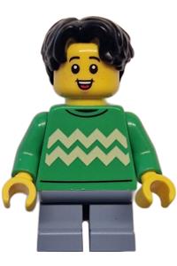 Child - Boy, Bright Green Sweater with Bright Light Yellow Zigzag Lines, Sand Blue Short Legs, Black Hair Wavy, Freckles twn499