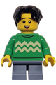 Child - Boy, Bright Green Sweater with Bright Light Yellow Zigzag Lines, Sand Blue Short Legs, Black Hair Wavy, Freckles - twn499