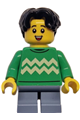 Boy with black wavy hair, freckles, wearing a bright green sweater with zigzag lines and sand blue short legs - twn499