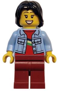 Carousel Ticket Woman Minifigure - Woman with black mid-length tousled hair, wearing bright light blue denim jacket and dark red legs - twn500
