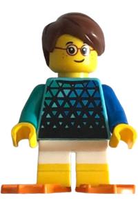 Water Park Boy Minifigure - Boy child with reddish brown hair, wearing a medium azure top with triangles, white short legs with yellow feet, and orange flippers - twn501