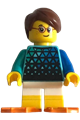 Boy child with reddish brown hair, wearing a medium azure top with triangles, white short legs with yellow feet, and orange flippers - twn501