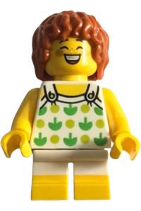 Water Park Girl Minifigure - Girl in white halter top with green apples, lime spots, white short legs with yellow feet, and dark orange hair - twn502