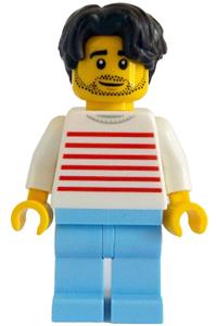 Male Modern House Resident - Male resident of a modern house wearing a white sweater with red horizontal stripes, bright light blue legs, and wavy dark brown hair - twn505