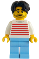 Male resident of a modern house wearing a white sweater with red horizontal stripes, bright light blue legs, and wavy dark brown hair - twn505