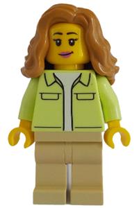 Female Modern House Resident - Female modern house resident with yellowish green jacket over white shirt, tan legs, and medium nougat wavy hair - twn506