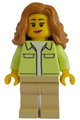 Female modern house resident with yellowish green jacket over white shirt, tan legs, and medium nougat wavy hair - twn506