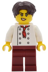 Tudor House Chef Minifigure - A chef in a tudor house with a white torso featuring 8 buttons, dark red legs, and wavy dark brown hair - twn513