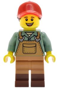 Female Gardener Minifigure - Female gardener wearing medium nougat overalls over a sand green shirt, reddish brown boots, and a red ball cap with a reddish brown ponytail - twn520