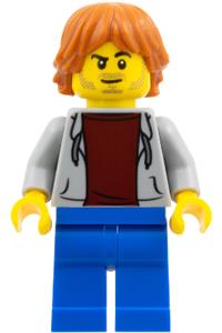 Gamer Minifigure - Male gamer with dark orange hair wearing a light bluish gray hoodie and blue legs - twn531