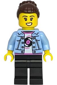 Shopping Street Mum Minifigure - Mother with dark brown hair wearing a bright light blue denim jacket and black legs - twn532