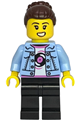 Mother with dark brown hair wearing a bright light blue denim jacket and black legs - twn532