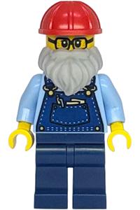 Shopping Street Plumber Minifigure - Male plumber wearing a bright light blue shirt, dark blue overalls and legs, and a red construction helmet - twn535