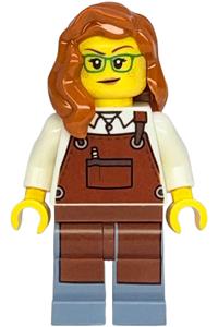 Shopping Street Carpenter - Female carpenter with dark orange hair wearing a white shirt, reddish brown apron, and sand blue legs - twn537