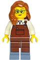 Female carpenter with dark orange hair wearing a white shirt, reddish brown apron, and sand blue legs - twn537