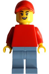 Bike Burger Cart Driver Minifigure - Female bike burger cart driver with a red torso, sand blue legs and a red cap - twn547