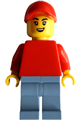 Female bike burger cart driver with a red torso, sand blue legs and a red cap - twn547