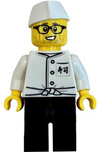 Sushi Chef Minifigure - Sushi chef with torso printed with Japanese logogram (Sushi) on a front pocket pattern and black pants - twn548
