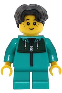 Child Boy Minifigure - Boy child with black wavy hair wearing a dark turquoise jacket with a dark green panel and dark turquoise short legs - twn551