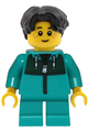 Boy child with black wavy hair wearing a dark turquoise jacket with a dark green panel and dark turquoise short legs - twn551