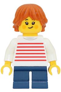 Child Girl Minifigure - Girl child with dark orange tousled and layered hair wearing a white sweater with red horizontal stripes and dark blue short legs - twn552