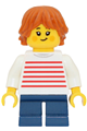 Girl child with dark orange tousled and layered hair wearing a white sweater with red horizontal stripes and dark blue short legs - twn552
