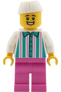 Food Vendor Minifigure - Male food vendor wearing a white shirt with dark turquoise stripes, dark pink legs and a white butcher/ food service cap - twn553