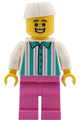 Male food vendor wearing a white shirt with dark turquoise stripes, dark pink legs and a white butcher/ food service cap - twn553