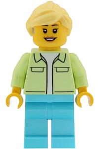 Ferris Wheel Operator Minifigure - Female Ferris Wheel Operator with bright light yellow ponytail hair, a yellowish green jacket over a white shirt, medium azure legs, and a hearing aid - twn554