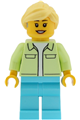 Female Ferris Wheel Operator with bright light yellow ponytail hair, a yellowish green jacket over a white shirt, medium azure legs, and a hearing aid - twn554