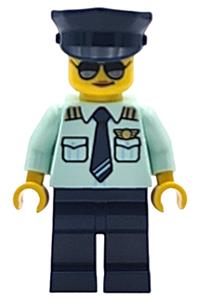 Airplane Pilot Minifigure - Female airplane pilot wearing a light aqua uniform shirt with tie, dark blue legs and hat, and sunglasses - twn556