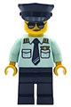 Female airplane pilot wearing a light aqua uniform shirt with tie, dark blue legs and hat, and sunglasses - twn556