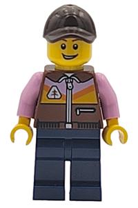 Airplane Passenger Minifigure - Male airplane passenger wearing a reddish brown jacket, dark brown cap, and dark blue legs - twn557