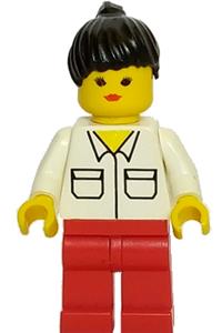 Female Minifigure - Minifigure in a shirt with two pockets, red legs, and black ponytail hair - vel002