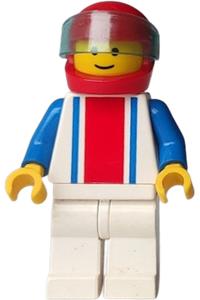 Racer Minifigure - Racer with red and blue vertical lines, blue arms, white legs, red helmet, and a trans-light blue visor - ver002
