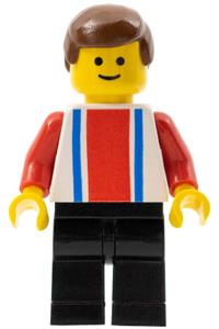 Male in Red & Blue Strip Shirt - Minifigure with red and blue vertical lines, red arms, black legs, and brown male hair - ver003
