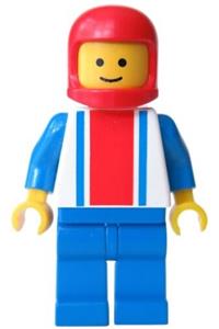 Racer Minifigure - Minifigure with red and blue vertical lines, blue arms, and legs, wearing a red classic helmet - ver004