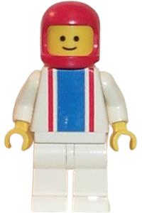 Road Racer Minifigure - Minifigure with blue and red vertical lines on torso with white arms and legs, and wears a red classic helmet - ver005