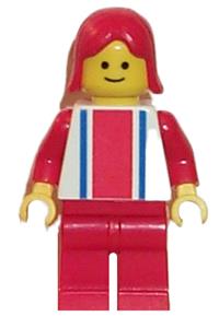 Female in Red & Blue Strip Shirt - Minifigure with vertical lines in red & blue, red arms and legs, and red female hair - ver006