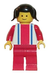 Female in Red & Blue Strip Shirt - Minifigure with red and blue vertical lines, red arms, red legs, and black pigtails hair - ver007