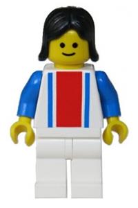 Female in Red & Blue Strip Shirt - Minifigure with red and blue vertical lines, blue arms, white legs, and black female hair - ver008