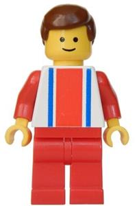 Male in Red & Blue Strip Shirt - Minifigure with red and blue vertical lines, red arms, red legs, and brown male hair - ver009