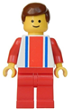 Minifigure with red and blue vertical lines, red arms, red legs, and brown male hair - ver009
