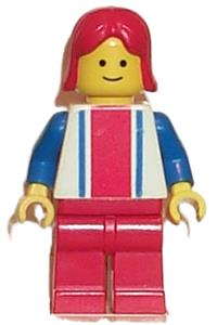 Female Minifigure - Minifigure with vertical red and blue lines, blue arms, red legs, and red female hair - ver011