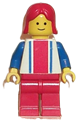 Minifigure with vertical red and blue lines, blue arms, red legs, and red female hair - ver011