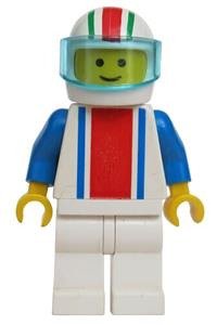 Racer Minifigure - Minifigure with white legs, red & green striped helmet, blue arms, and a trans-light blue visor with red and blue vertical lines - ver012