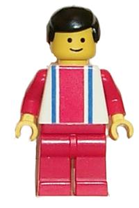 Male in Red & Blue Strip Shirt - Minifigure with red and blue vertical lines, red arms, red legs, and black male hair - ver014